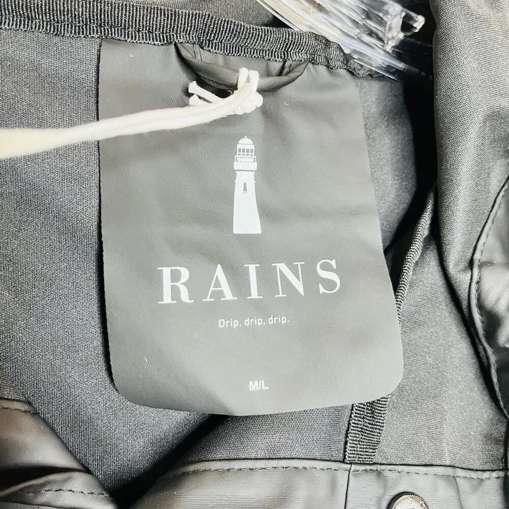 Rains Button Down Hooded Rain Black Jacket Unisex M/L